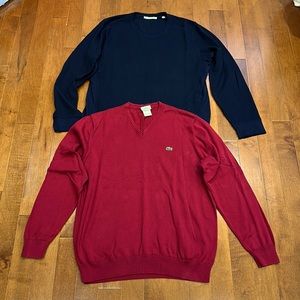 Lacoste burgundy V neck long sleeve sweater size 7 (XL) & blue Vince size XL